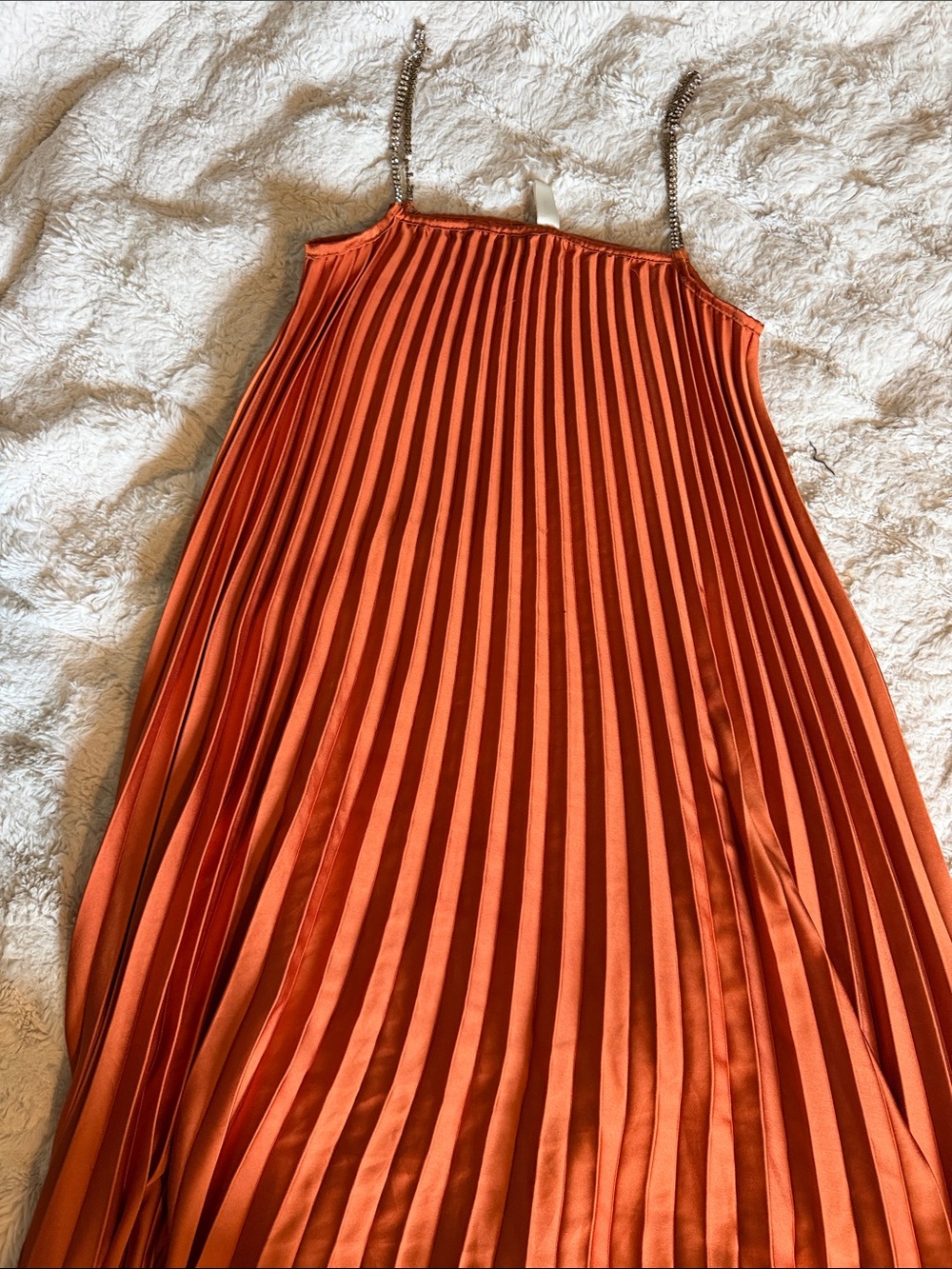 Pleated Orange Maxi Dress with Chain Straps